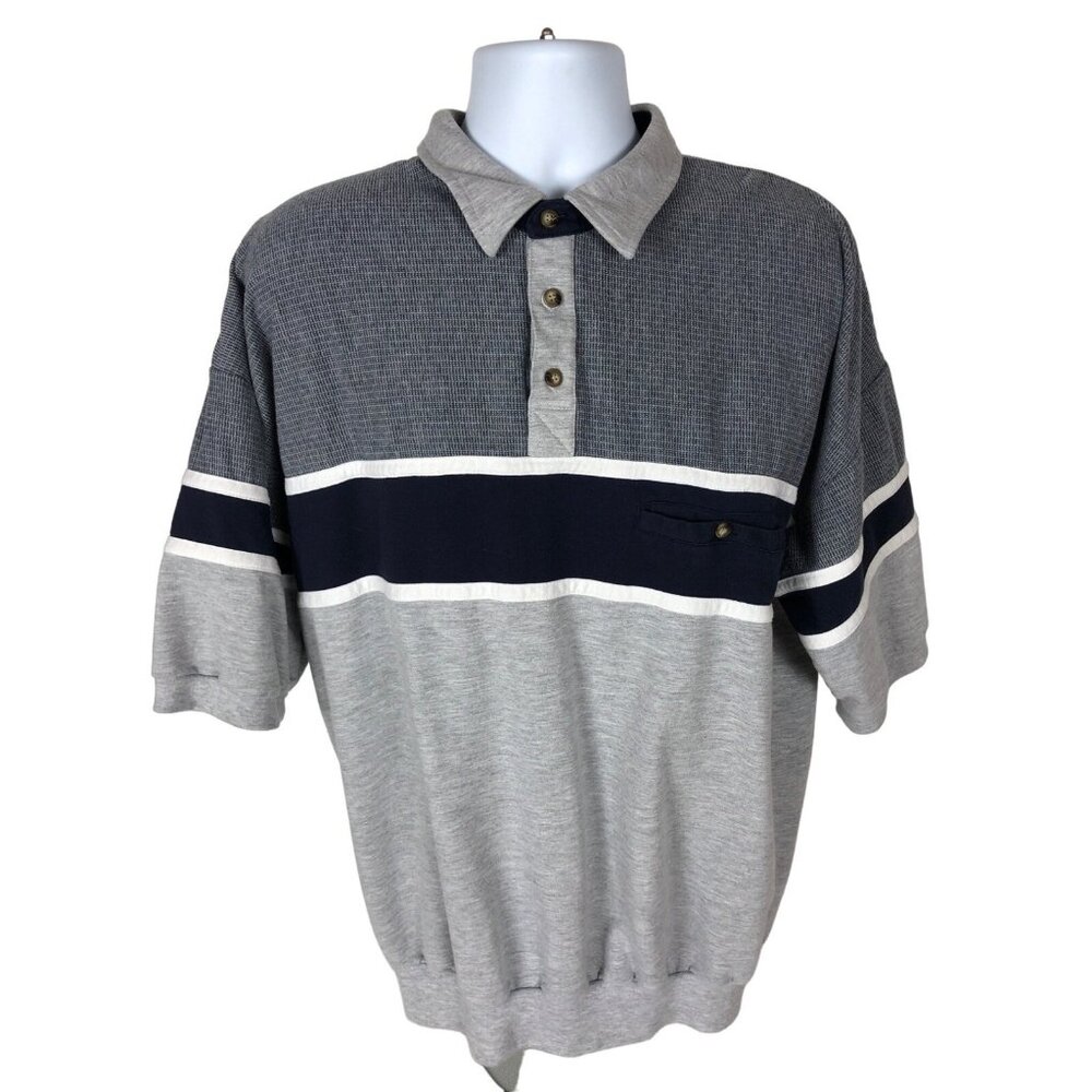 Woodland Trail Polo Shirt Men Size XXL Gray Black White Short Sleeves Buttons